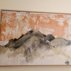 Original signed abstract mountain range artwork framed in blonde wood